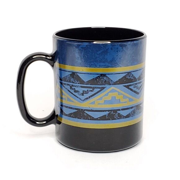 Southwestern Coffee Mug Black Glass Blue Green Geometric Western Tribal Aztec 4 - Picture 2 of 6